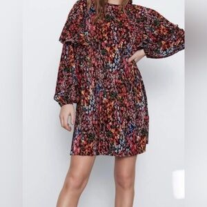 NEW ZARA Floral Ruffle Shoulder MiniDress Balloon Sleeve cottagecore Sz S boho
